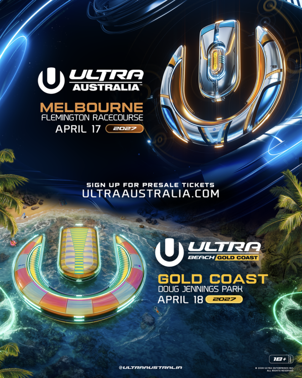 Ultra Australia 2027 poster with event dates for Melbourne Flemington Racecourse and Ultra Beach Gold Coast.